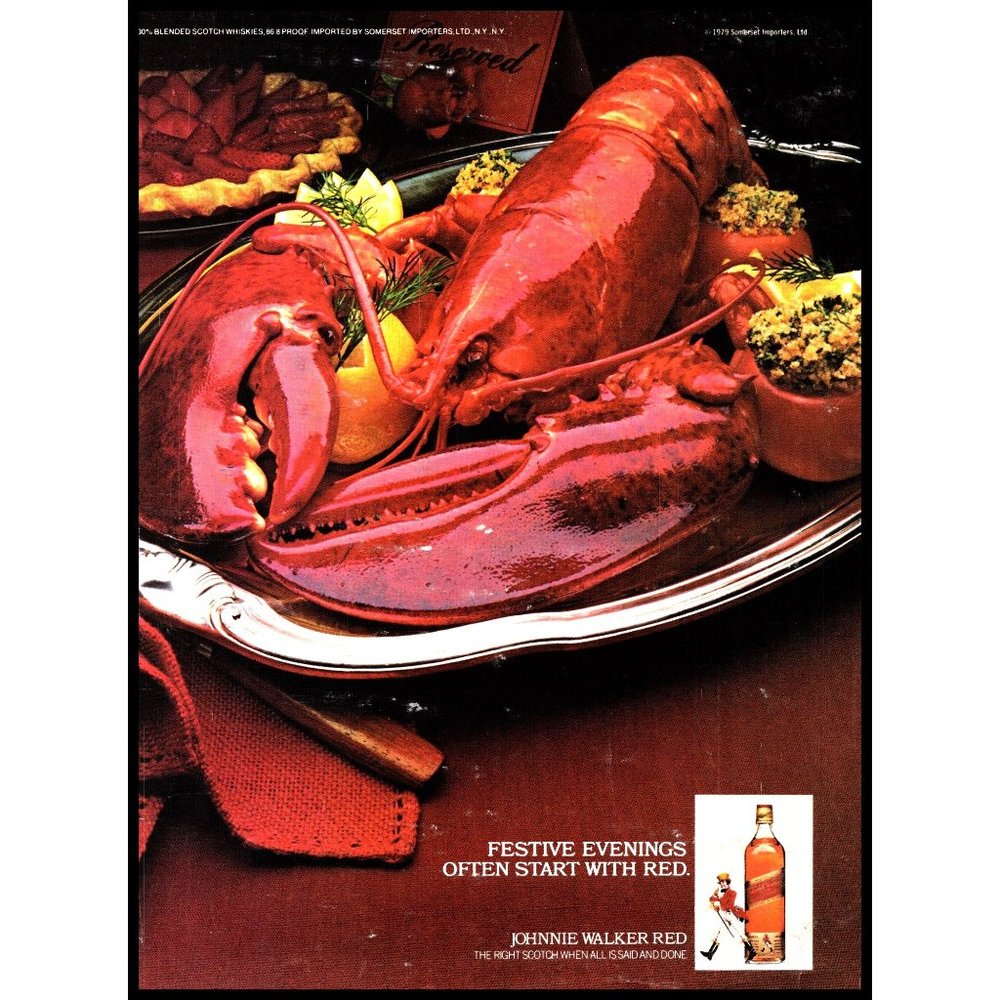1981 Johnnie Walker Red Scotch Vintage Print Ad Lobster Holiday Dinner Wall Art